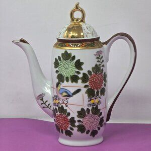 Vintage Japanese Porcelain Coffee/Tea Pot With Gold Accents & Floral Bird Design